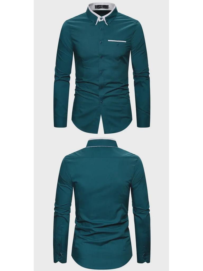 Men's Autumn Fashion Double Collar Solid Color Slim Fit Long Sleeve Shirt