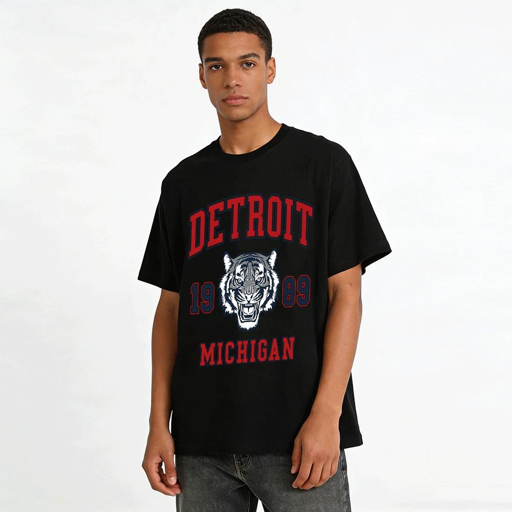 Vintage Detroit Michigan 1989 Tiger Print Casual Short Sleeve T-Shirt Pure cotton T-shirt