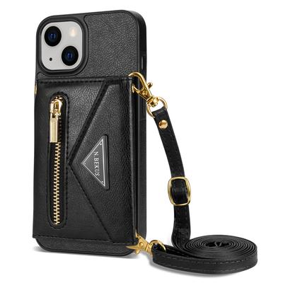 N.BEKUS PU Leather+TPU Cover for iPhone 15,Zipper Pocket Wallet Kickstand Phone Case with Shoulder Strap