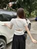 Women's Summer Slim Fit Pleated Short Sleeve T-shirt with Back Cutout