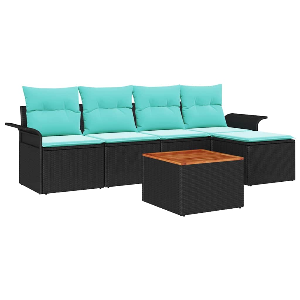 Garden Sofa Set 6 pcs Black and Turquoise Poly Rattan