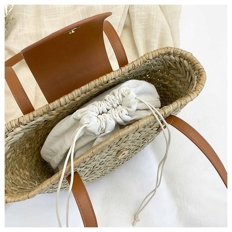 Minimally Designed One Shoulder Woven Bag with A New Cover Made of Natural Grass Vine Woven Bag for Vacation Beach, Versatile Woven Bag for Women