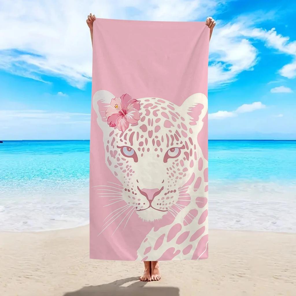 Leopard and Floral Beach Towel 2D Flat Printed Soft Peach Skin Fabric Quick Dry Bath Towel Summer Vacation Swimming Pool