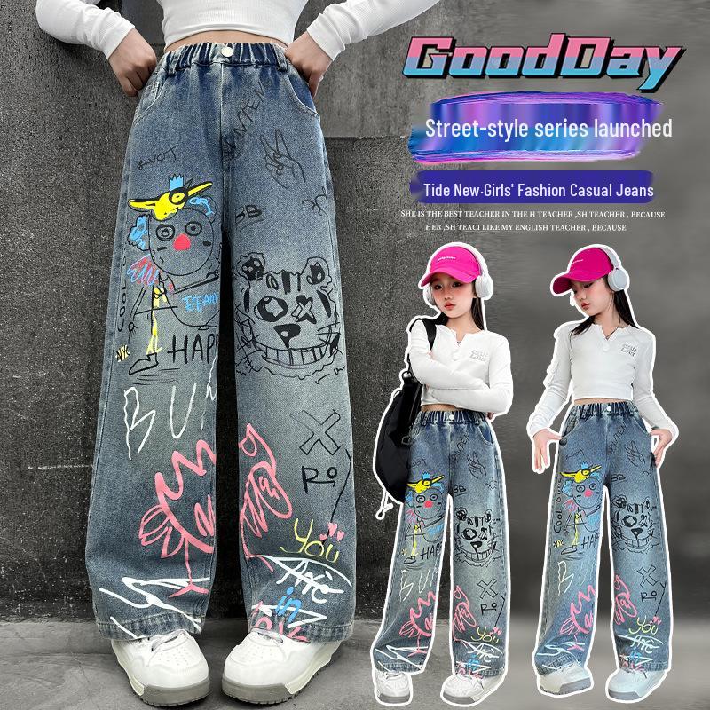 Girls' Stylish Graffiti Wide-Leg Denim Jeans - Spring & Autumn Street-Style Loose Fit for Big & Middle Kids