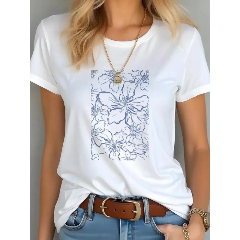 Summer Round Neck Flower Printed Top Fashionable Casual Short Sleeved Women's T-shirt