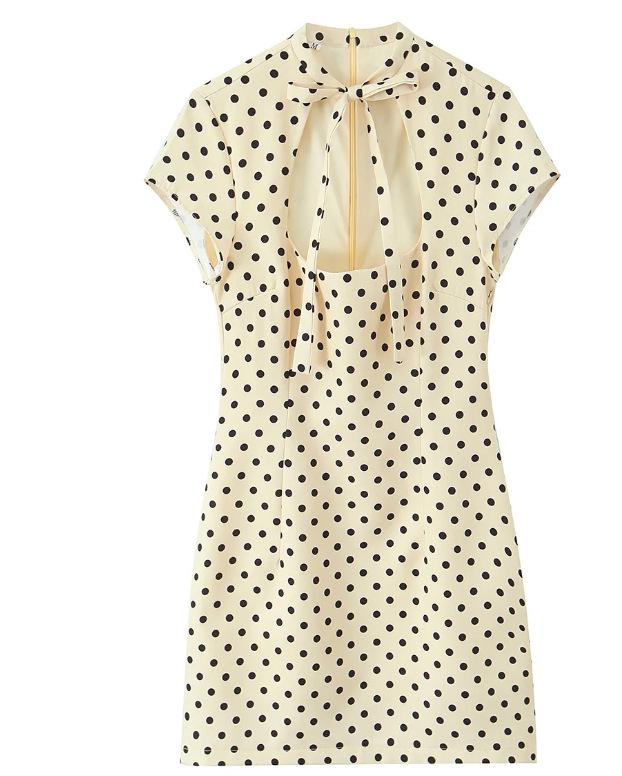European American Women's Fashion Polka Dot Short Dress with Bow Decoration