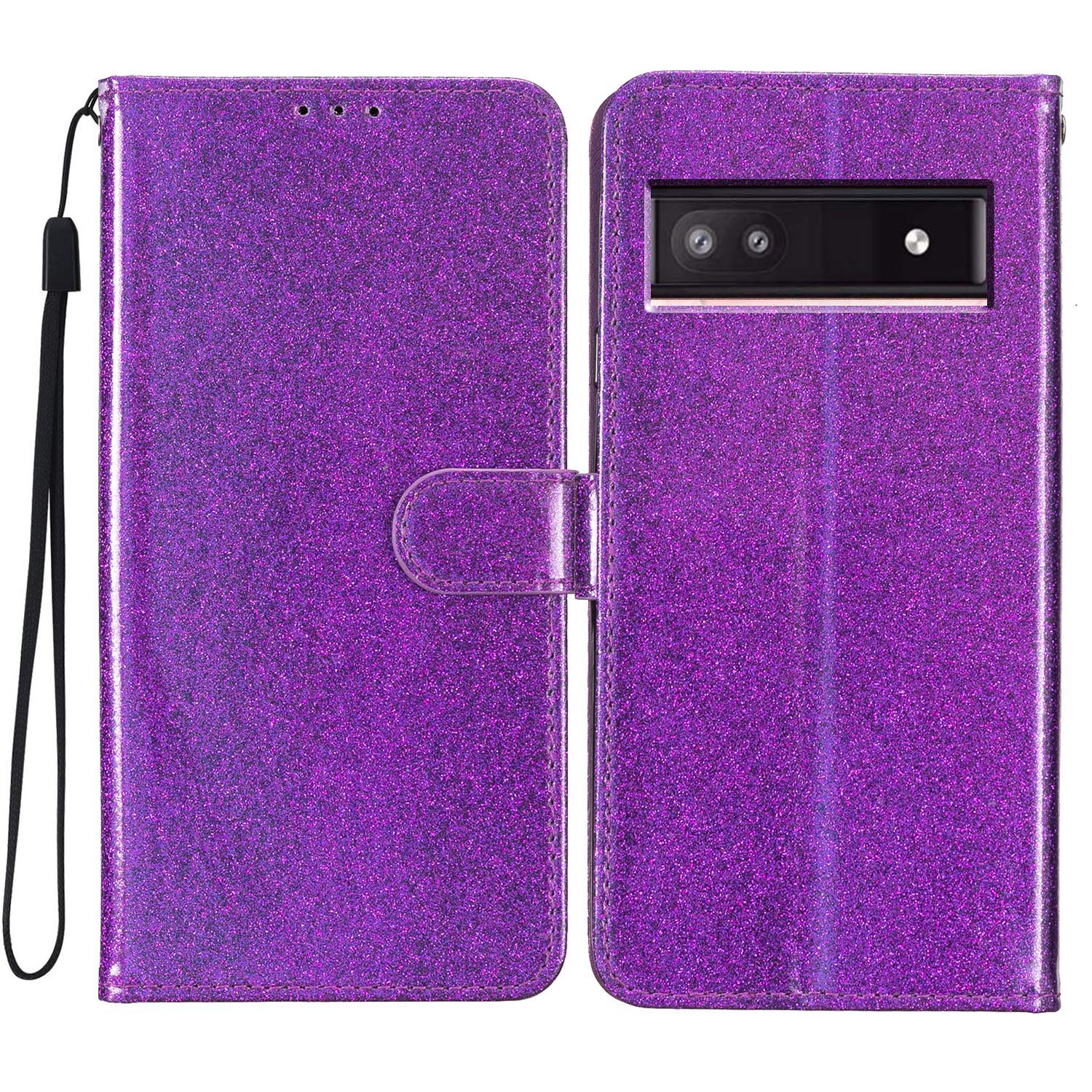 

For Google Pixel 8a Case Shiny Leather Glitter Flip Stand Phone Cover Purple