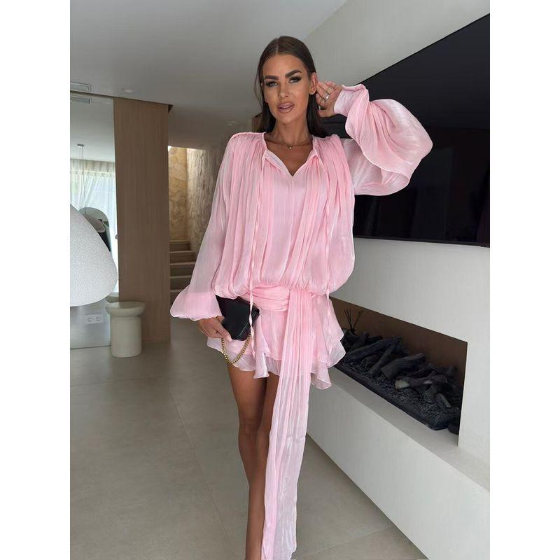 

Western Style New Chiffon Lantern Sleeve Lace-up Short dress Frill Dress Lantern Sleeve Dress Pink L