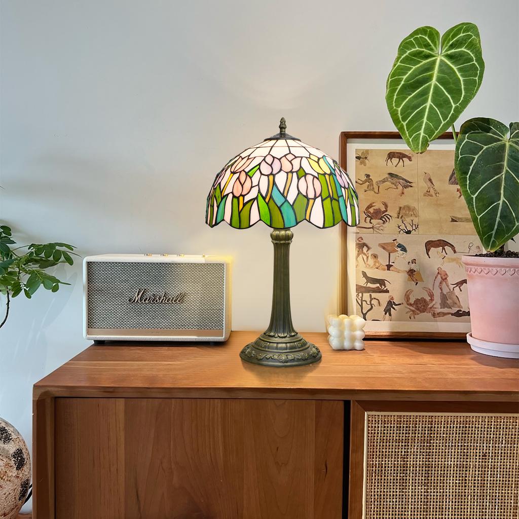 12-Inch Pink Tulip Colorful stained Glass Table Lamp Christmas Atmosphere Lampshade Living Room Bedroom Decorative Lighting