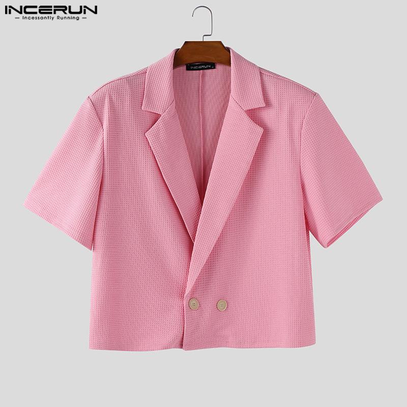 INCERUN Oversized Men Lapel Short Sleeve Casual Thin Texture Cropped Blazer Tops