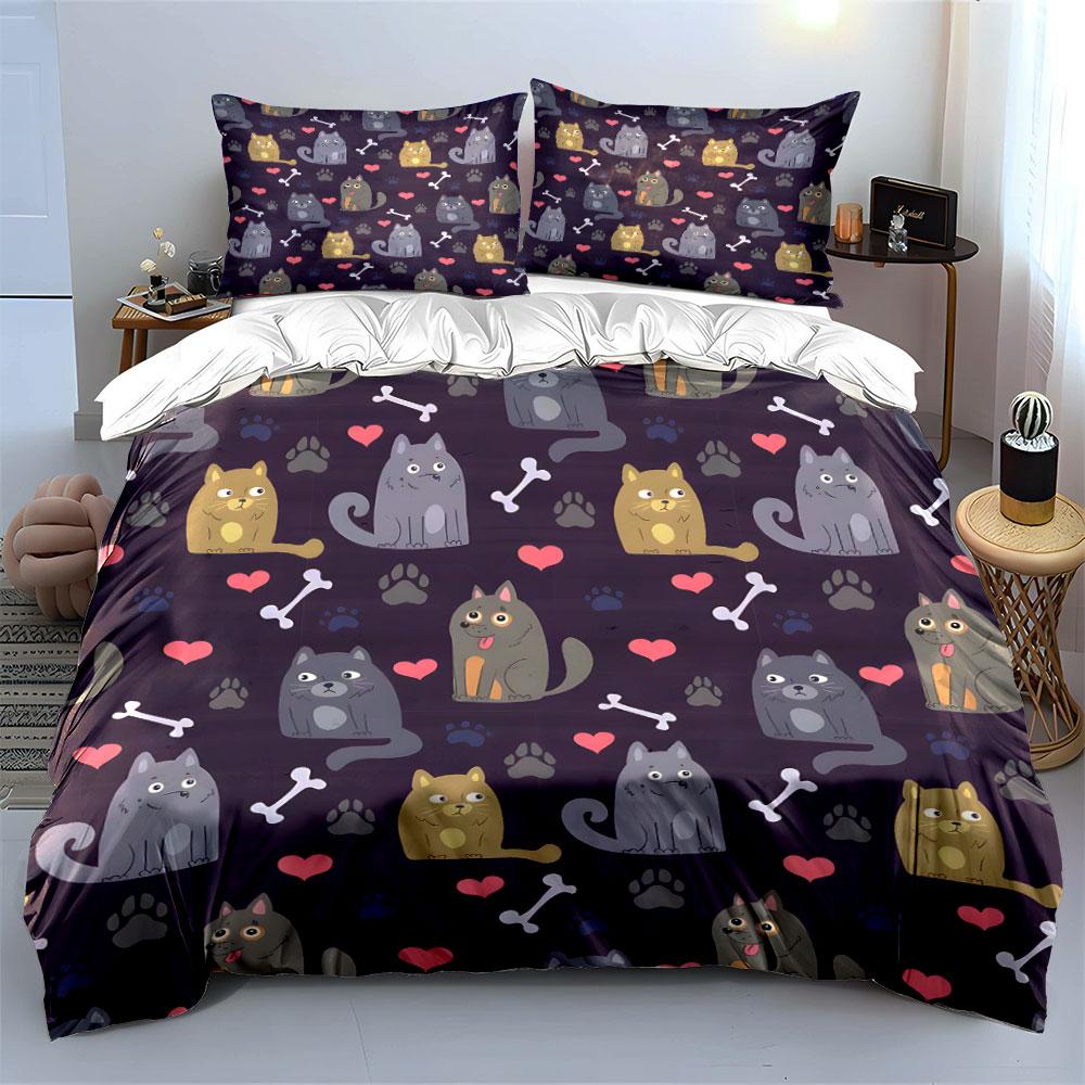 Cute Cats, Bones, and Paw Prints Bedding Duvet Cover Set (1*Duvet Cover 2*Pillowcases, Without Duvet Insert)