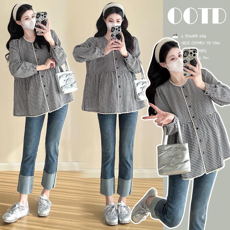 2026 Spring Korean Lace Plaid Maternity Shirt - Black & White 2XL