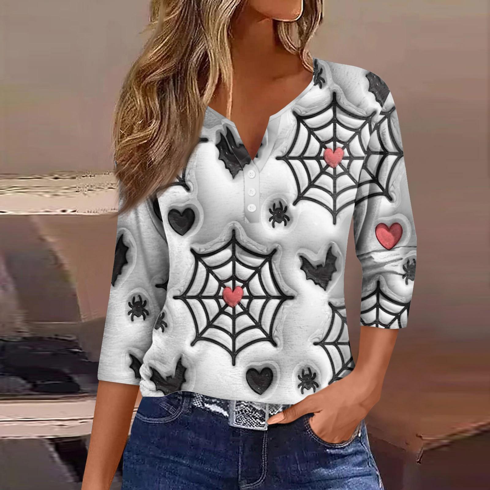 

Женская футболка с V-образным вырезом на пуговицах, с рукавом три четверти, на Хэллоуин S