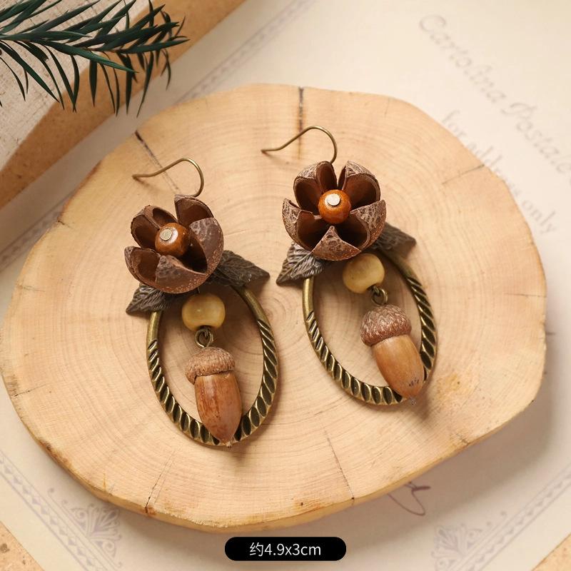 

Винтажный лесной стиль, натуральные растительные аксессуары для ушей, ручная работа, креативные, маленькие и уникальные серьги в виде плодов дуба, длинные серьги с кисточками