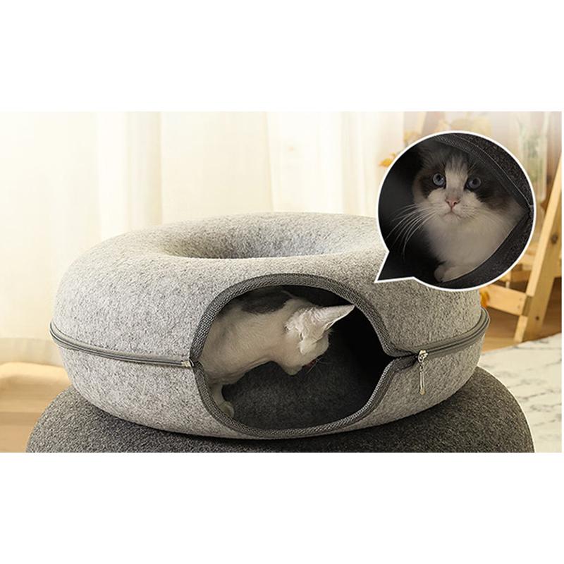 Donut Cat Bed for 2 Cats Pet Cat Tunnel Toys Kitten House Basket Interactive Play Toys for Cats Natural Felt Rabbit Cave Nest