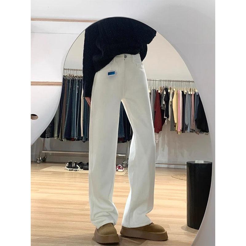 Fleece thickened white jeans women's autumn and winter new pear-shaped loose and thin straight trousers