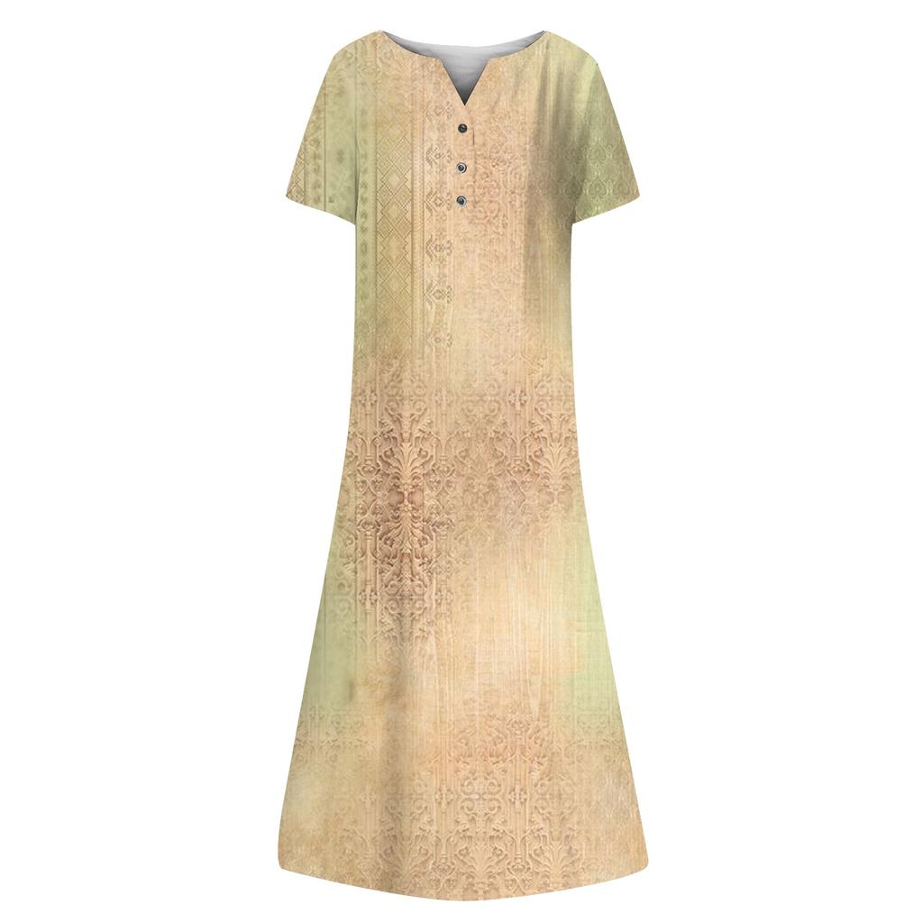 Summer Dress For Women 2023 Casual Printed V-Neck Short-Sleeve Beach Swing Dress