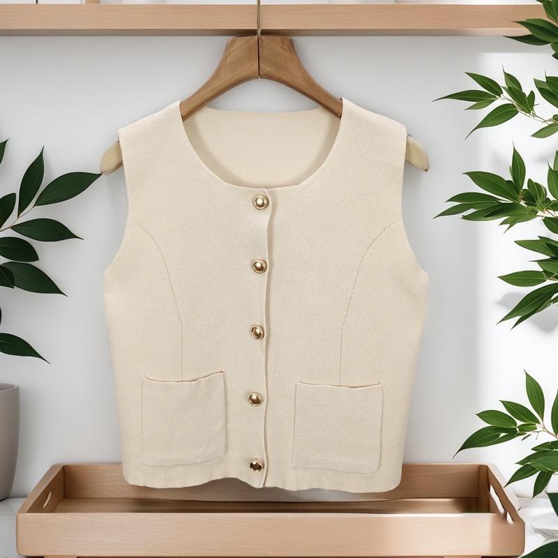 Dames fransk rund hals enkeltspent dobbel lomme ermeløs avslappet strikket vest