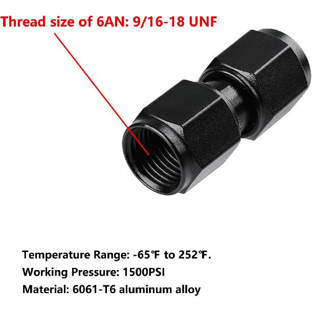 Ucreative 6AN Female to 6AN Female Straight Swivel Coupler Union Fitting Adapter Aluminum Black 2PCS