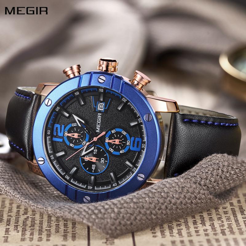 MEGIR Fashion Men's Quartz Watch Chronograph Luxury Business Casual Wristwatch Leather Strap Male Military Sports Watches 2046