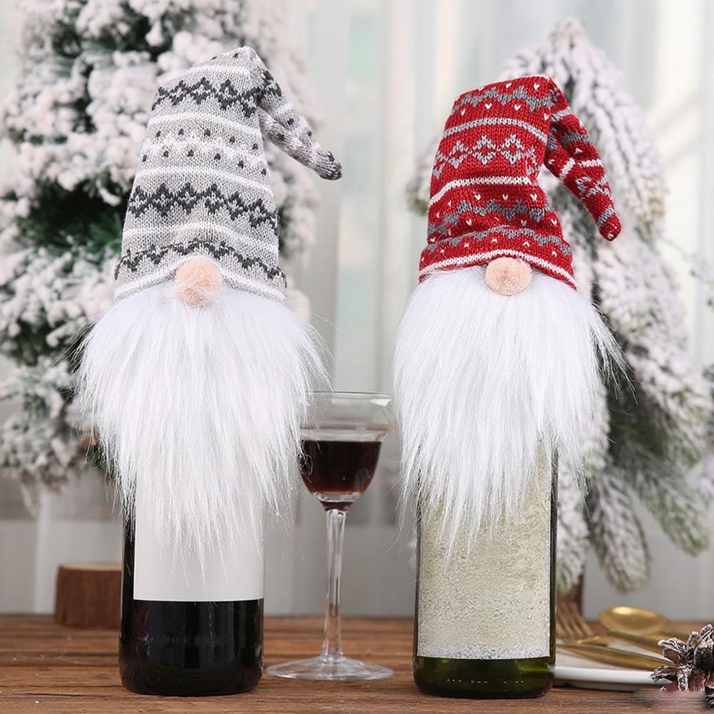 Four Wine Bottle Covers with Whimsical Gnome Design for Holiday Tables Suitable for Christmas New Year and Festive Events