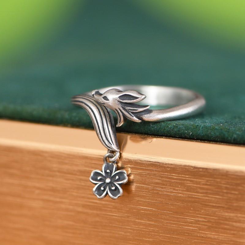 Adjustable Fox Ring Women Vintage Bohemian Style Copper Silver-Plated Open Band Jewelry