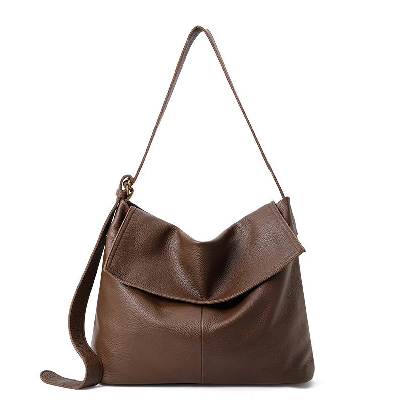Genuine cowhide leather women's handbag, large capacity soft leather tote, casual single-shoulder slouchy style big bag