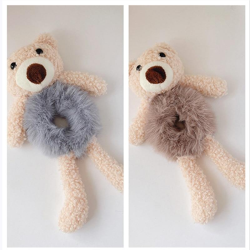 1/2pcs Girls Lovely Scrunchies Cute Bear Hair Band Imitation Rabbit Fur Hair Rope Soft Warm Rubber Band Pretty Hair Accessories