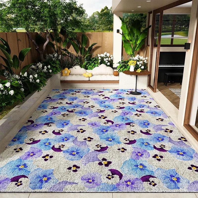 Balcony Floor Mats Non-slip Waterproof Sun-proof Carpet Flower Pattern Garden Courtyard Terrace Rug Large Size Home Decor Mats