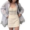 Korean-Style Women's Blue Polo Collar Lace Patchwork Shirt - Loose Fit, Slimming, Early Spring 2025 Niche Design.