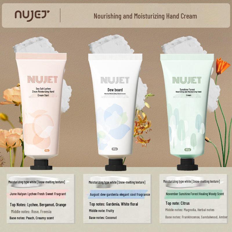 NUJET Snow Melt Fragrance Hand Cream Set: Sea Salt, Rose, Gardenia - 3 pcs, 60g each. Moisturizing & Hydrating Formula for Women.