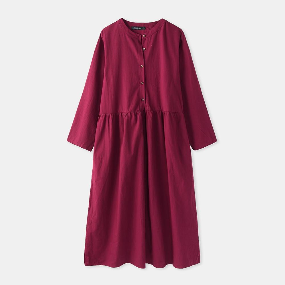 Women's Elegant Solid Cotton Robe Femme Maxi Dress Casual Long Sleeve Shirt Dresses Oversized