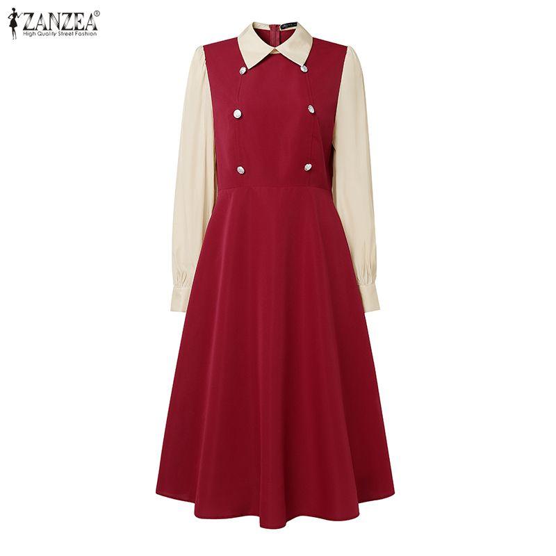 ZANZEA Women Turn Down Collar Casual Long Sleeve Patchwork Dress