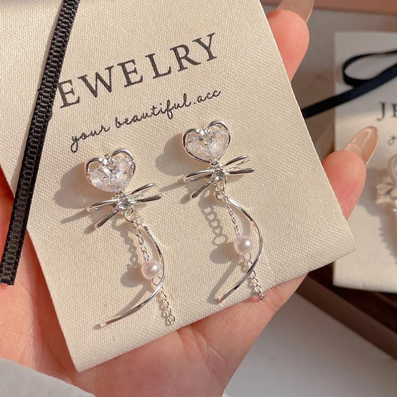 Simple Silver Color Sweet Cute Ribbon Heart Bowknot Earrings for Women Trend Drop Earrings Aesthetic Wedding Jewelry Gift Y2K