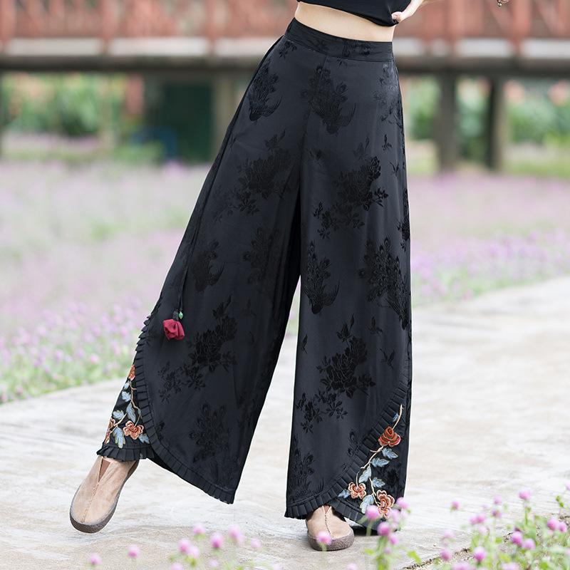 Women's Ethnic Style Wide-Leg Pants: Draped, Embroidered Waist, Retro Casual Design