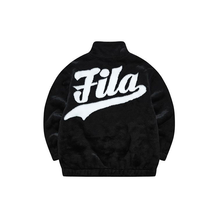 FILA Fusion Solid Color Letter Embroidery Fashion Stand Collar Loose Lamb Fleece Jacket Women jackets Deep-Black T11W242912F-BK