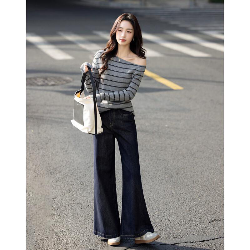 Women's Retro Striped Slanted Collar Knit Sweater