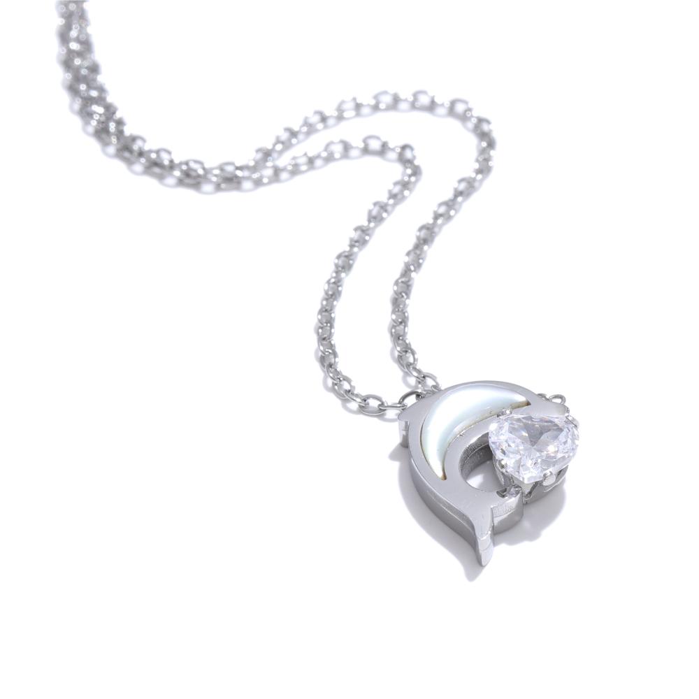 Yhpup Delicate Stainless Steel Shell Zirconia Dolphin Necklace Pendant Rust Proof High Quality Arrivals Popular Jewelry