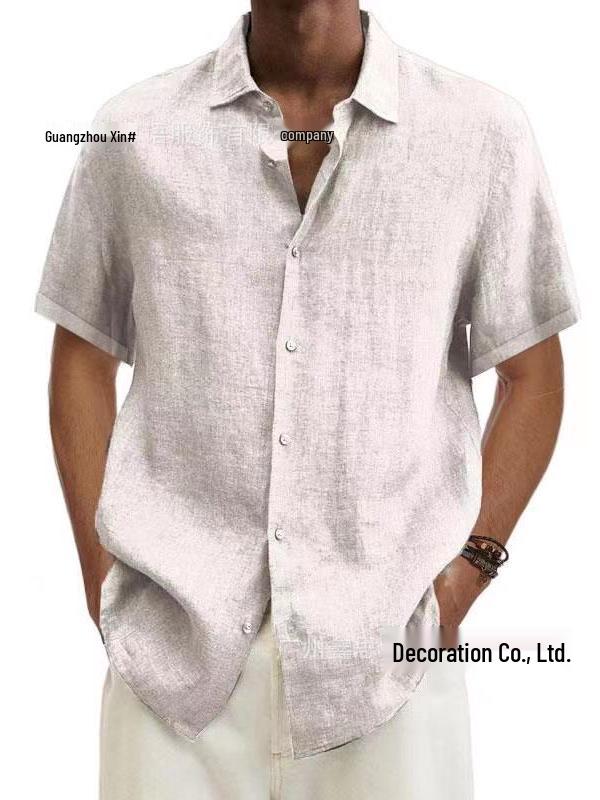 2026 Summer V-Neck Button Cotton Linen Solid Color Men s Trendy Shirt S белый