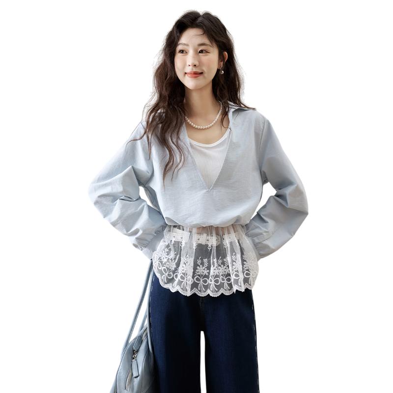 MISHOW Korean Style Lace Camisole Spliced Faux Two-Piece Lapel Shirt L