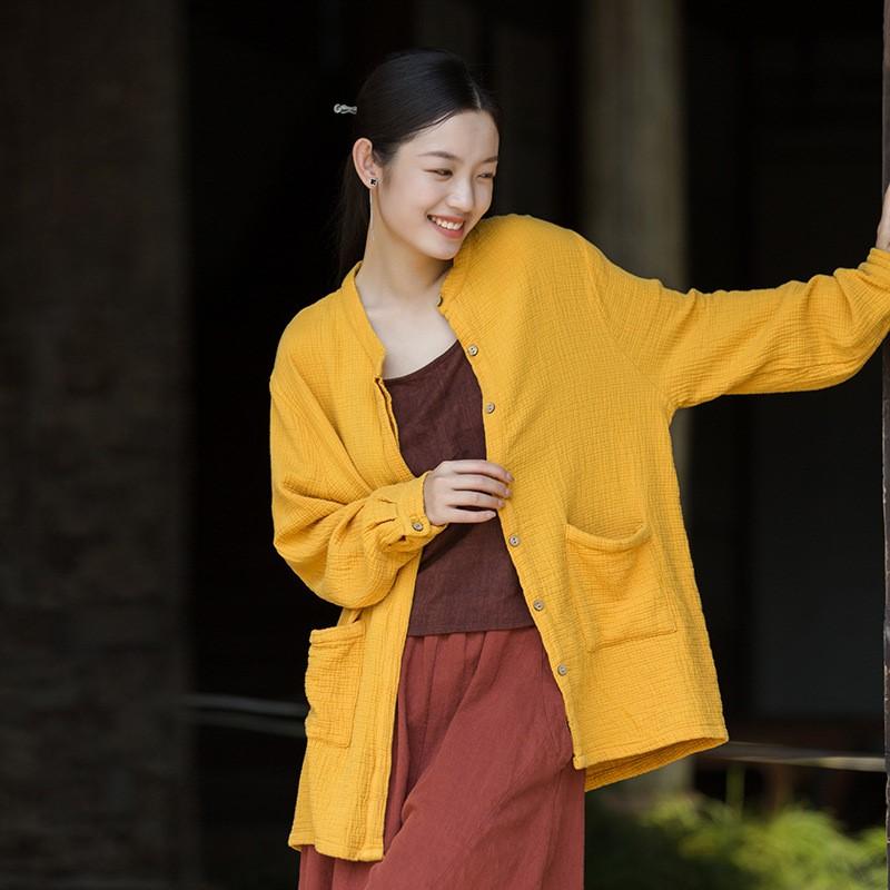 Johnature Women Vintage Shirts Solid Color Tops Autumn Button Long Sleeve O-Neck Pockets Women Shirts