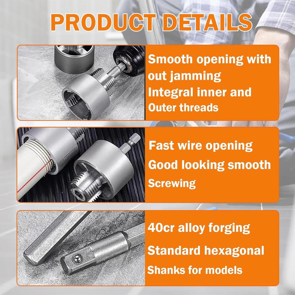 Integrated Internal & External Pipe Threading Tool (1/2'' & 3/4'' Dies)–Electric Drill Compatible Pipe Threader Plumbing Repair