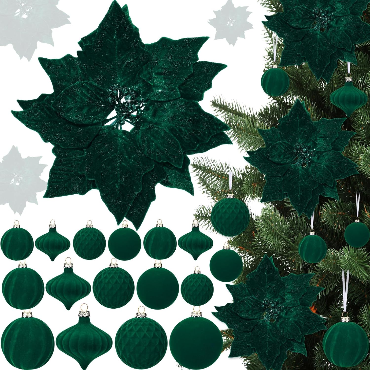 

24Pcs Velvet Poinsettia Christmas Tree Decor, 3.14 Ball & 9.8 Artificial Flowers, Burgundy Red 0.6M зелений