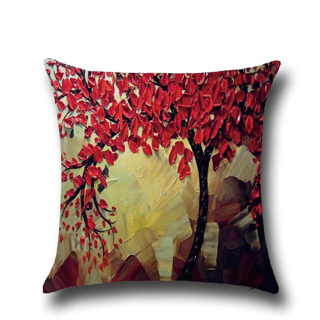 Three-dimensional Oil Painting Trees Flowers Cotton Linen Cushion Pillow Case Car Waist Cushion Cover
