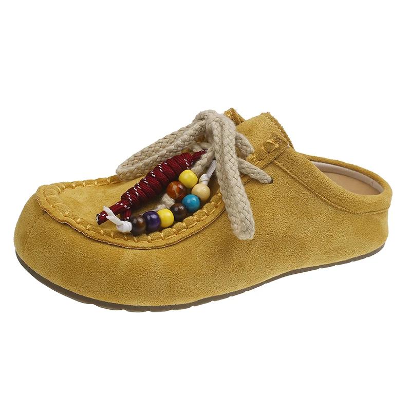 Retro Versatile Outdoor Baotou Lace Up/on Women's Slippers 2025 New Fashion High Quality Solid Flat with Casual Slippers Women