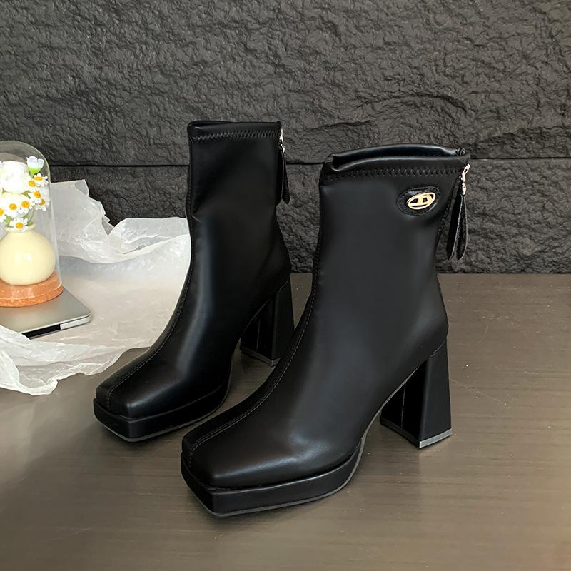 

Теплые высокие каблуки, увеличивающие рост, ботинки Martin, универсальные, темпераментные, средние, модные ботинки с застежкой-молнией сзади 39 чёрный