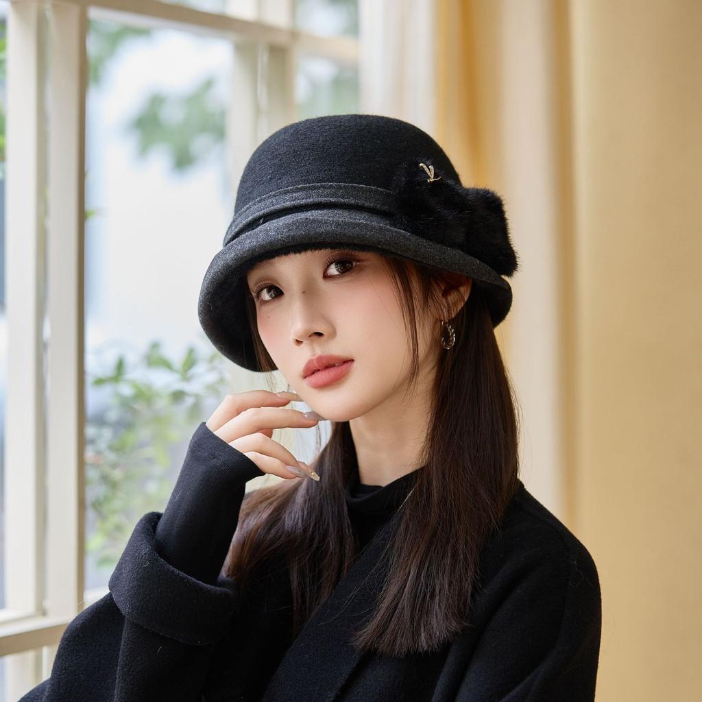 Bucket Hat Women's Autumn and Winter Ear Protection Warm Basin Hat Retro Elegant Top Hat