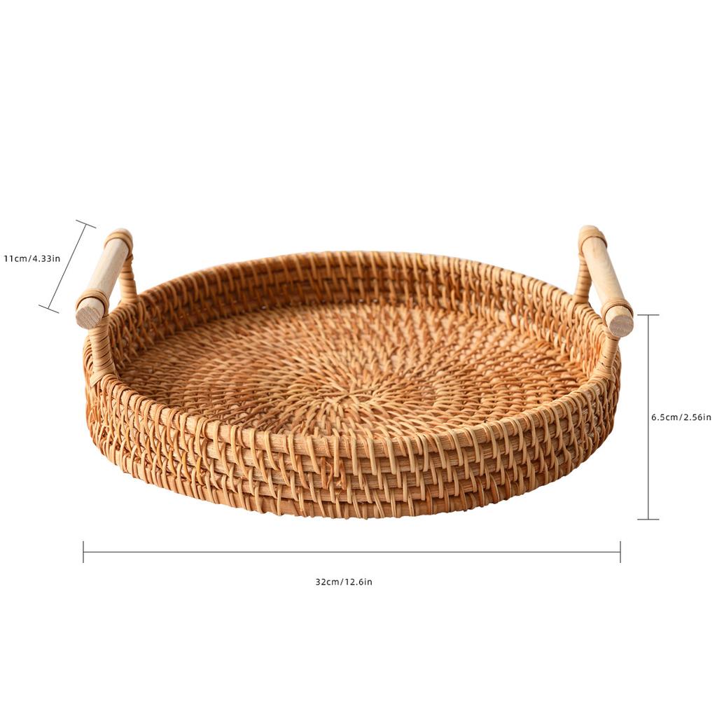 1PC Rattan Strap Handle Storage Basket Bread Snack Fruit Handwoven Tray Outdoor Coffee Afternoon Tea Picnic Kitchen Household