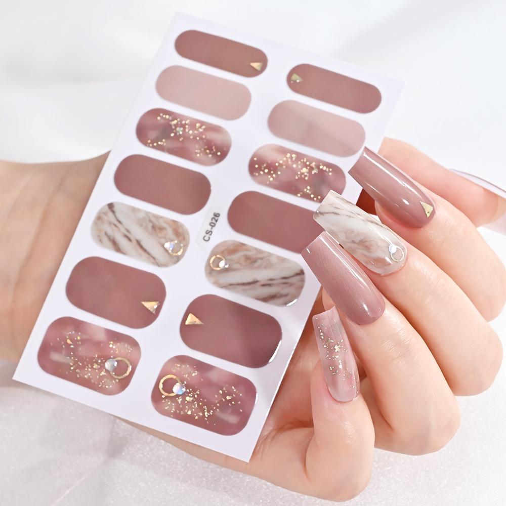 14 Tips/sheet Women Girls Full Cover Self-adhesive Nail Polish Stickers Baking Free Marble, Shell Pattern Nail Wrap Decals Decor