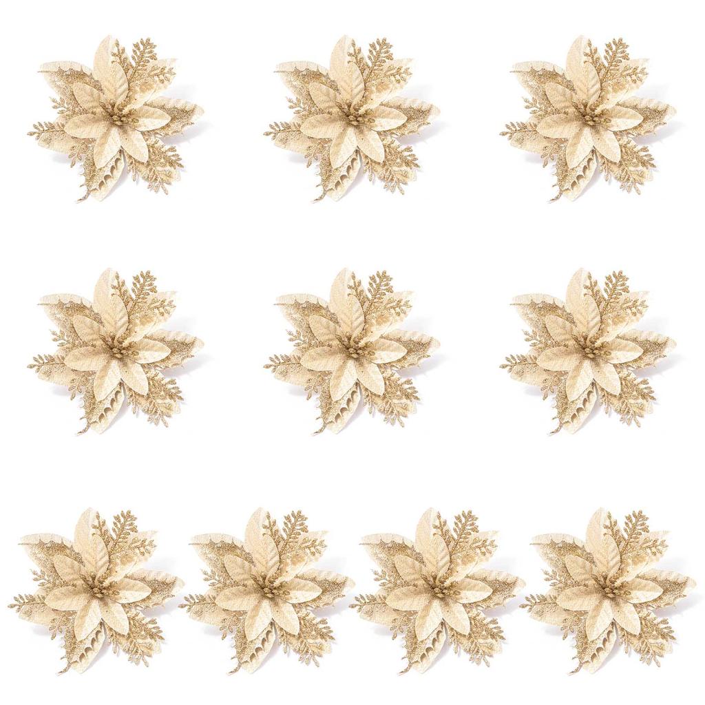 10pcs Glitter Artificial Poinsettia Flower Christmas Decorations for XmasTree Wreath Ornament Wedding Home New Year Gift